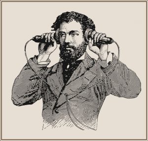 A man holds two old fashioned phones up to his ears